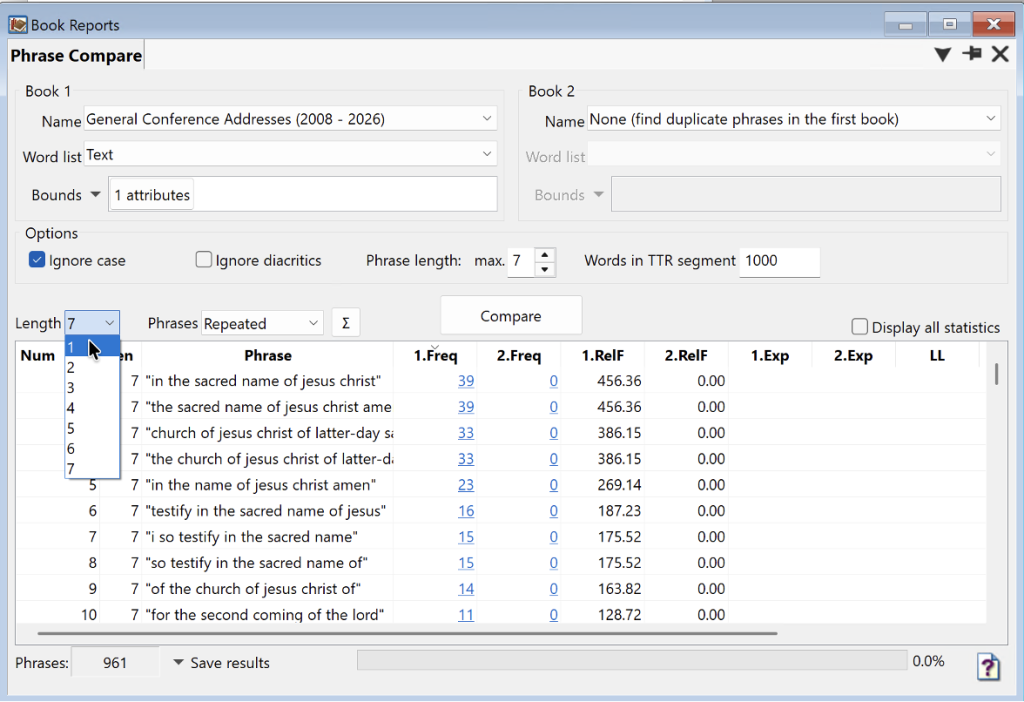 WordCruncher Phrase Compare report: change the length of phrases.