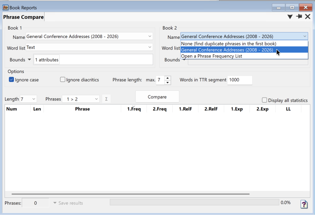 WordCruncher Phrase Compare report: compare to Book 2.
